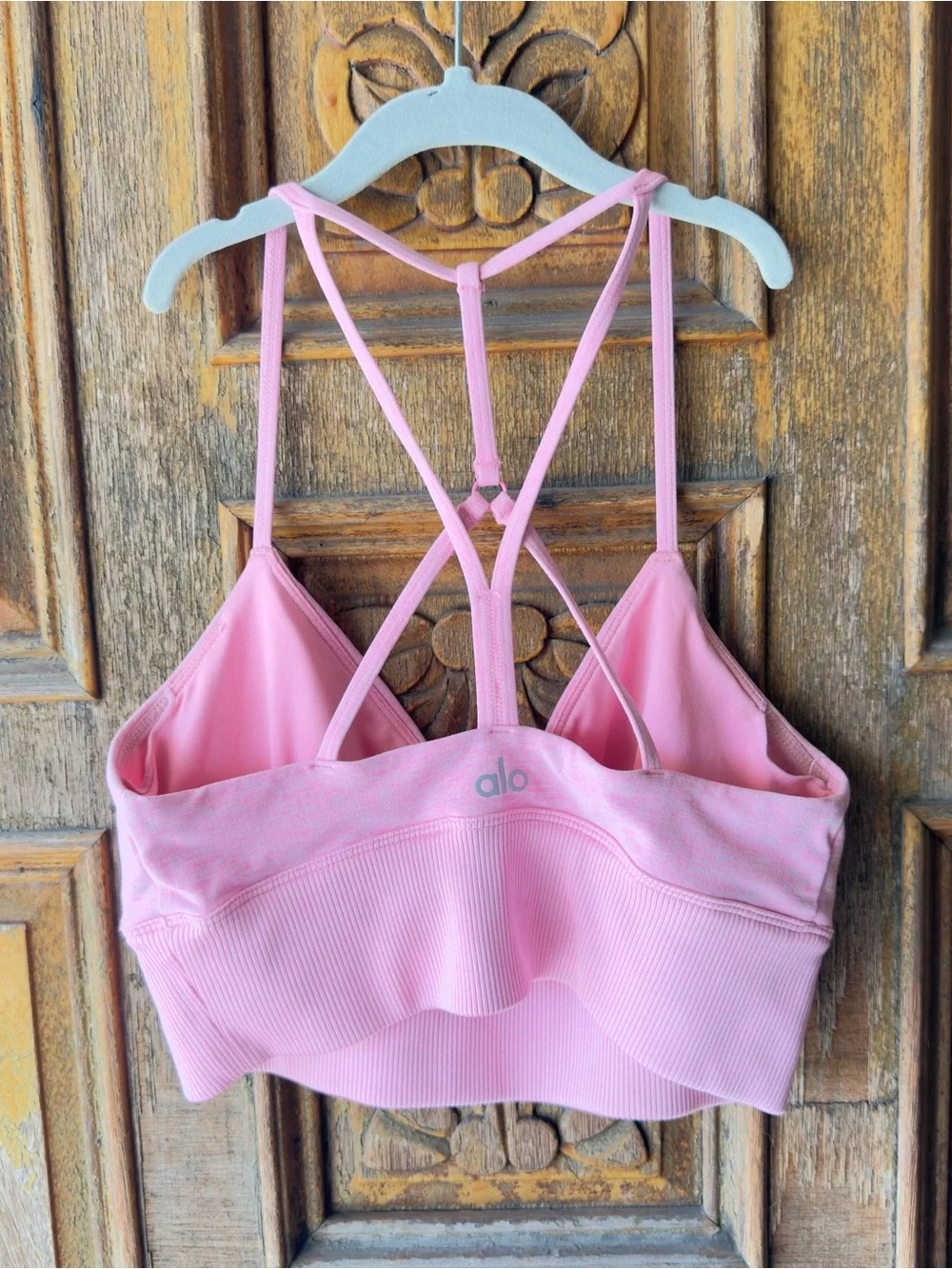 ALO Yoga Lavish Heathered Pink Sports Bra with Cross-Back